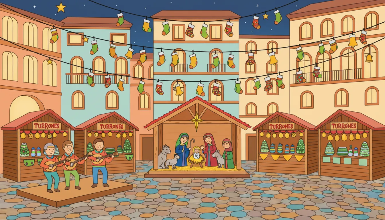 christmas piazza with presepe figures and festive stalls coloring page to print