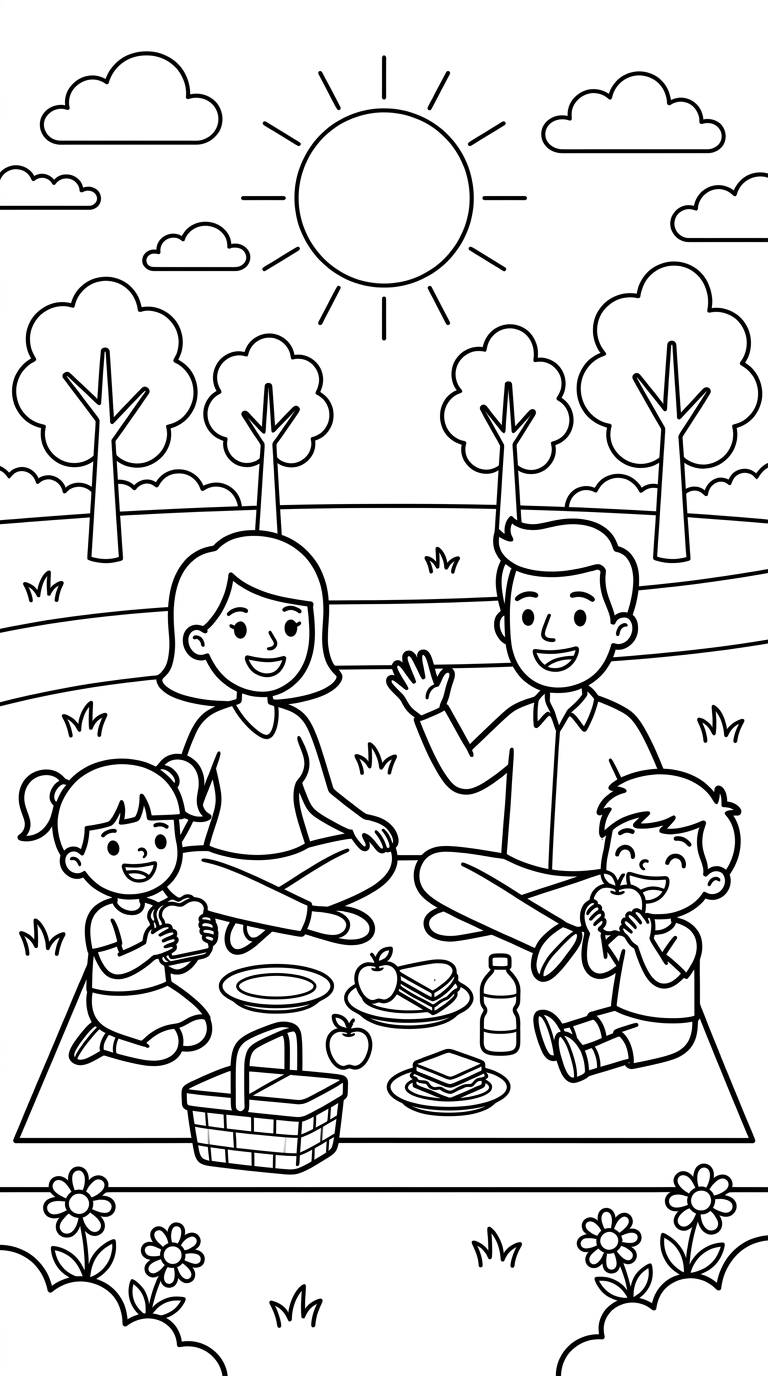 family having a picnic in the park coloring page to print