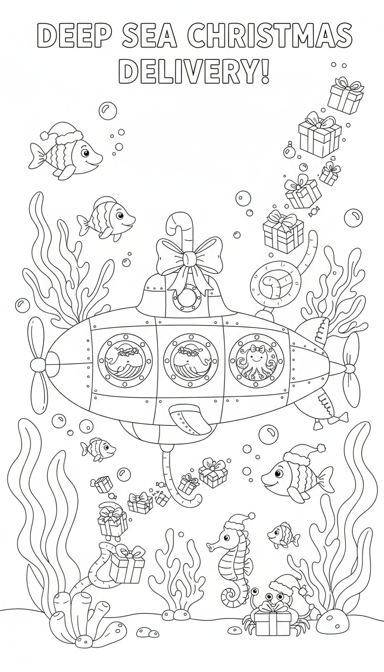 Christmas submarine delivering gifts to deep-sea friends coloring page to print