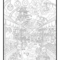 Japanese marketplace with fish lanterns and kimonos