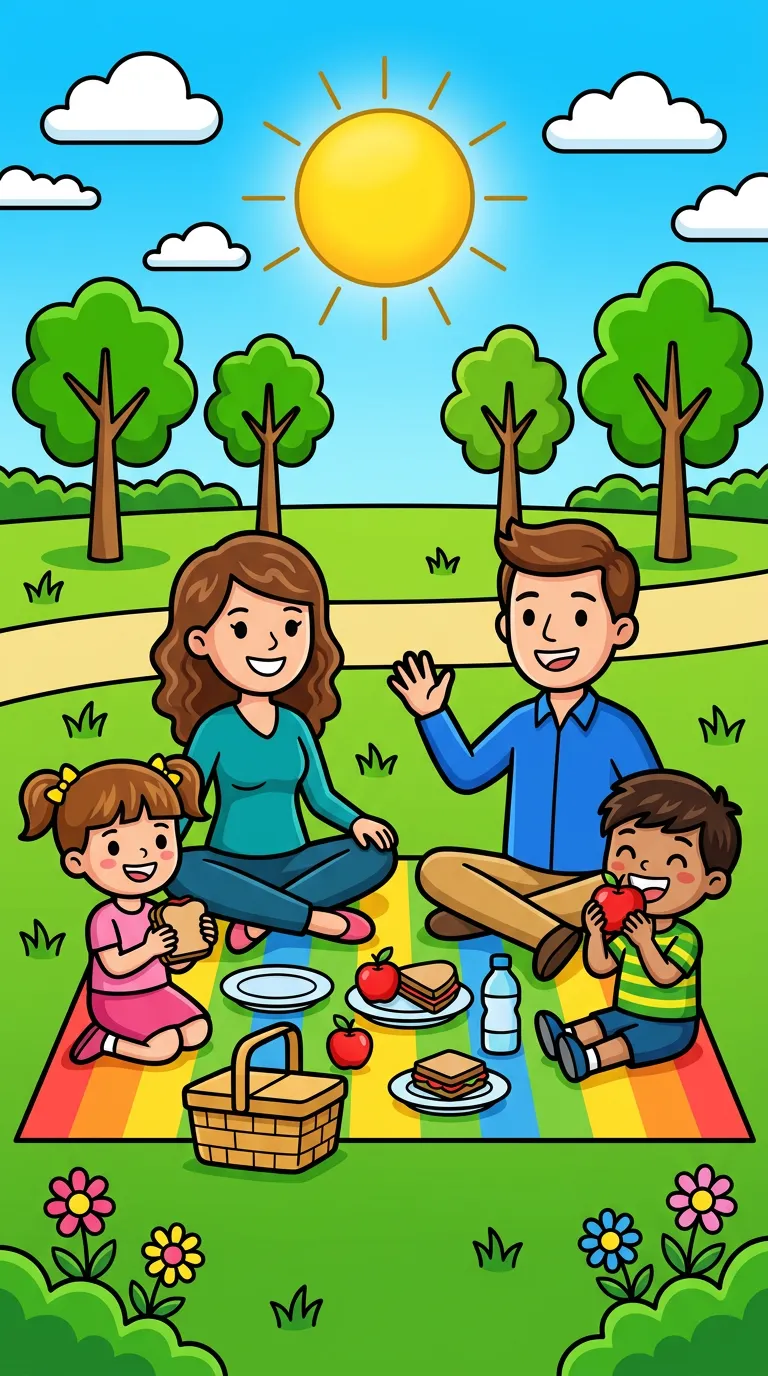 family having a picnic in the park coloring page to print