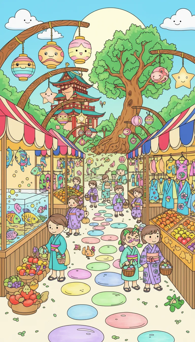 Japanese marketplace with fish lanterns and kimonos coloring page to print