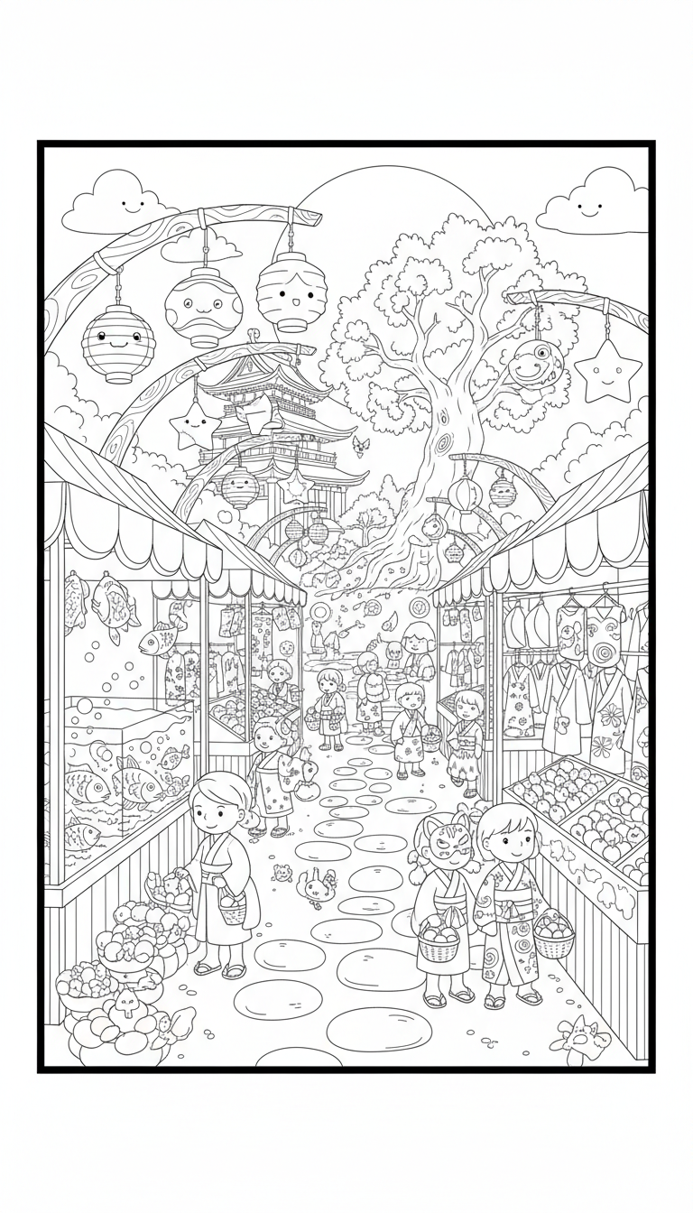 Japanese marketplace with fish lanterns and kimonos coloring page to print