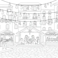 christmas piazza with presepe figures and festive stalls