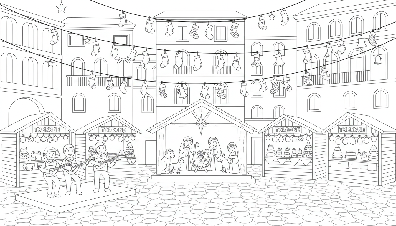 christmas piazza with presepe figures and festive stalls coloring page to print