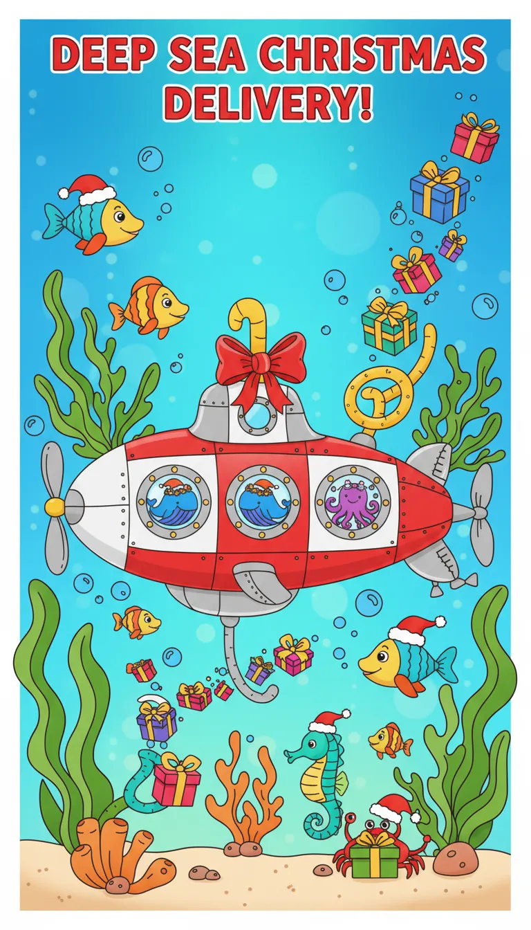 Christmas submarine delivering gifts to deep-sea friends coloring page to print
