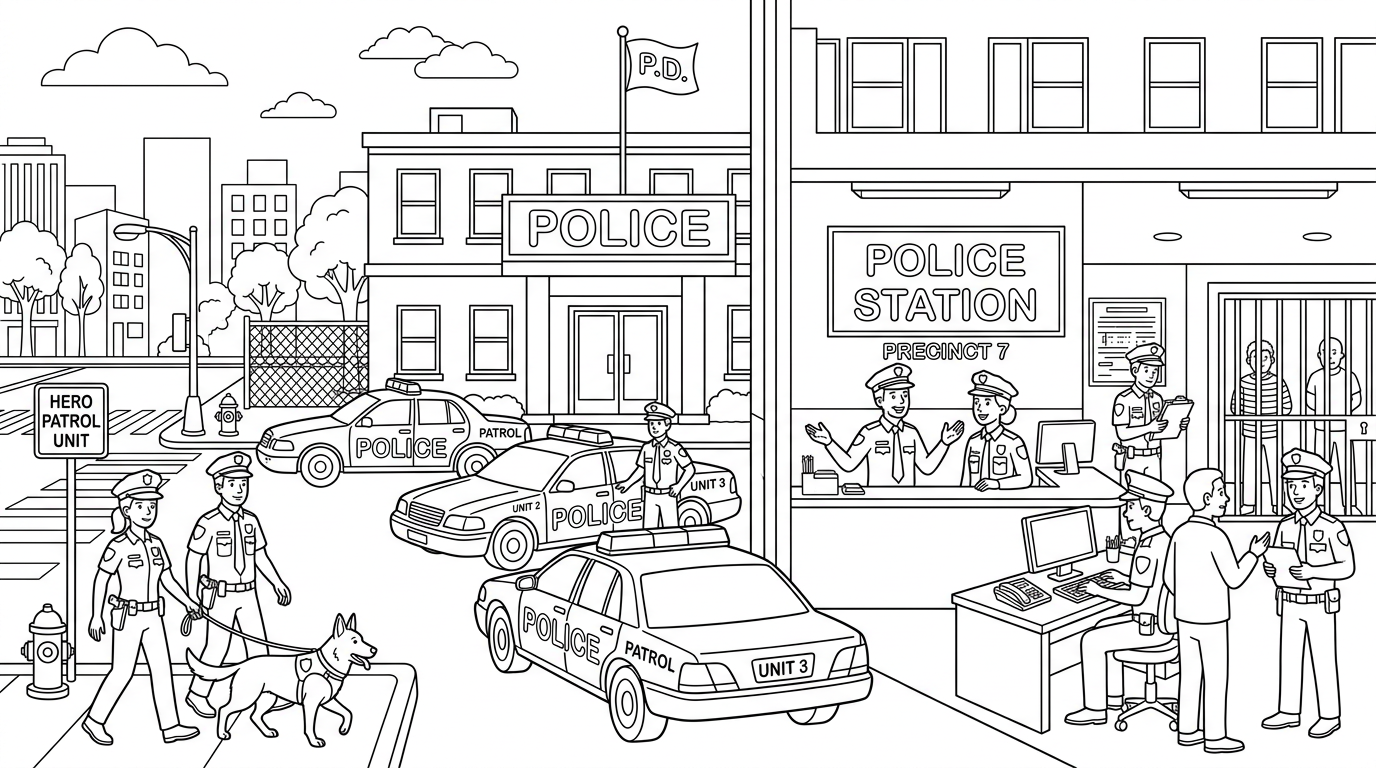 busy police station with officers and patrol coloring page to print