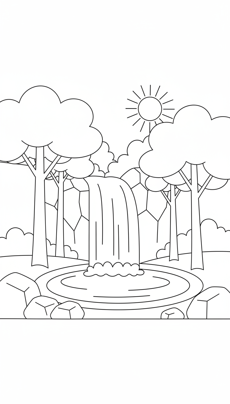 Serene waterfall cascading through forest coloring page to print
