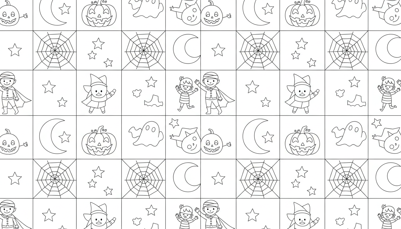 Halloween party with costumes and pumpkins coloring page to print