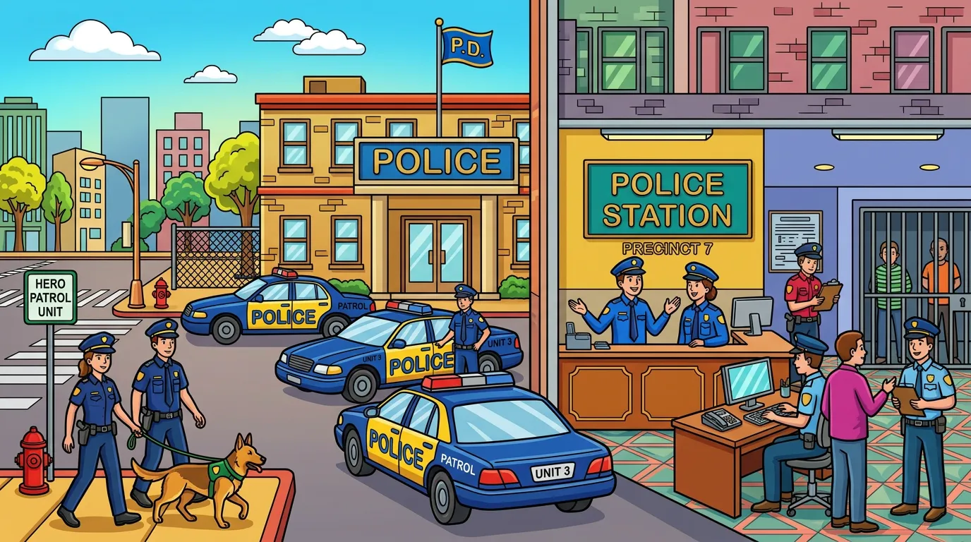 busy police station with officers and patrol coloring page to print