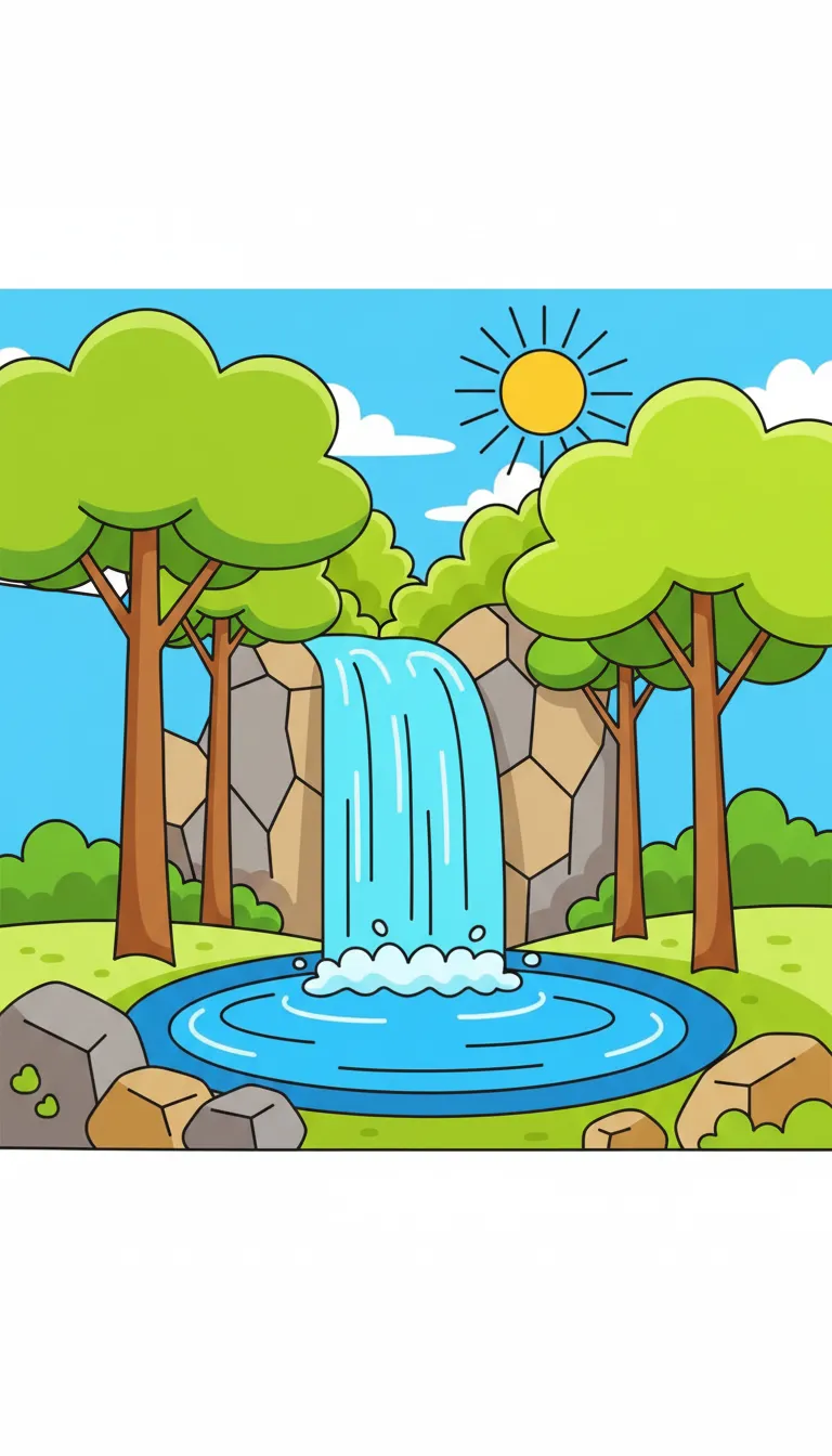 Serene waterfall cascading through forest coloring page to print