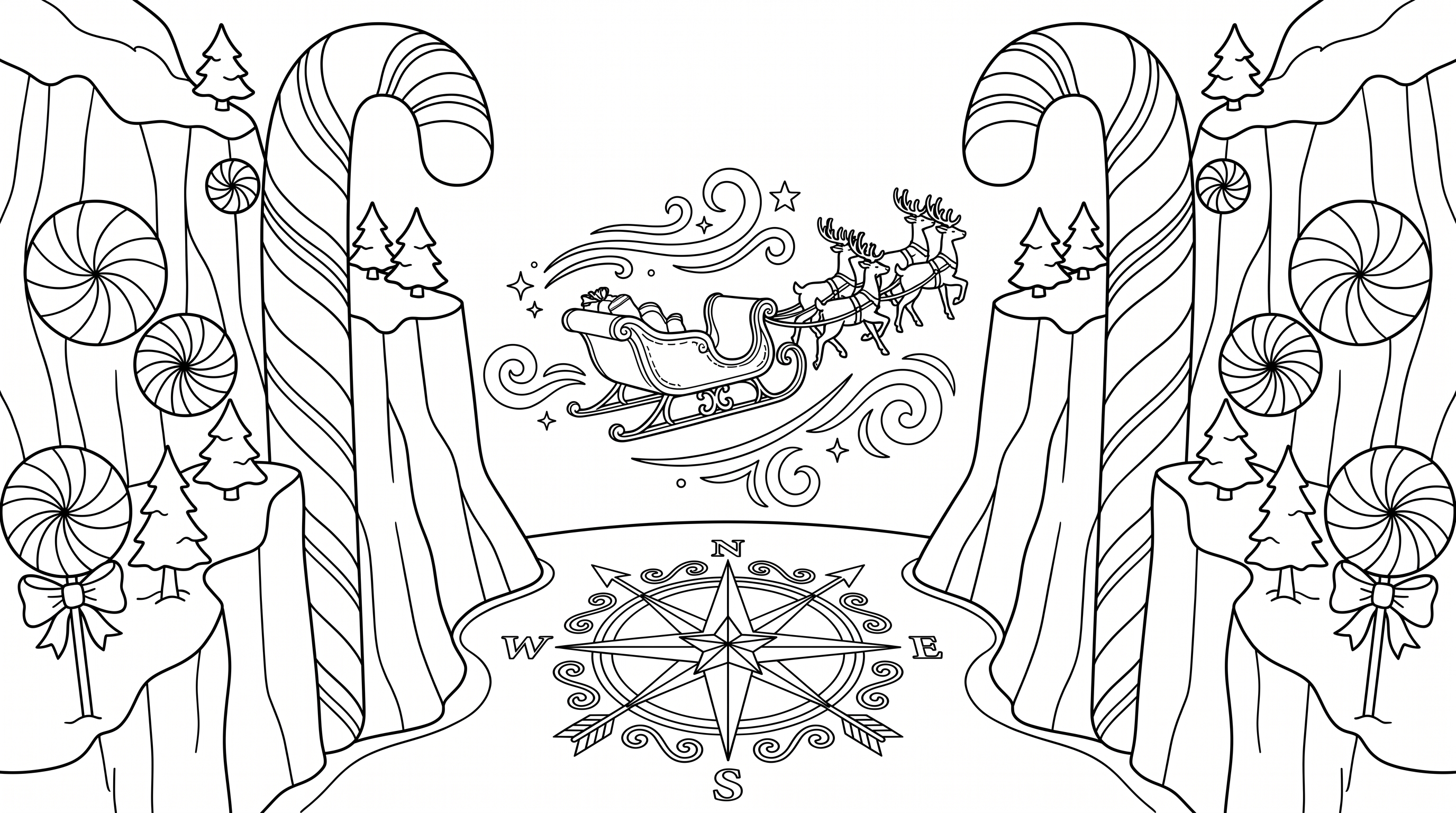 Christmas mountain pass with sleigh and candy-cane cliffs coloring page to print