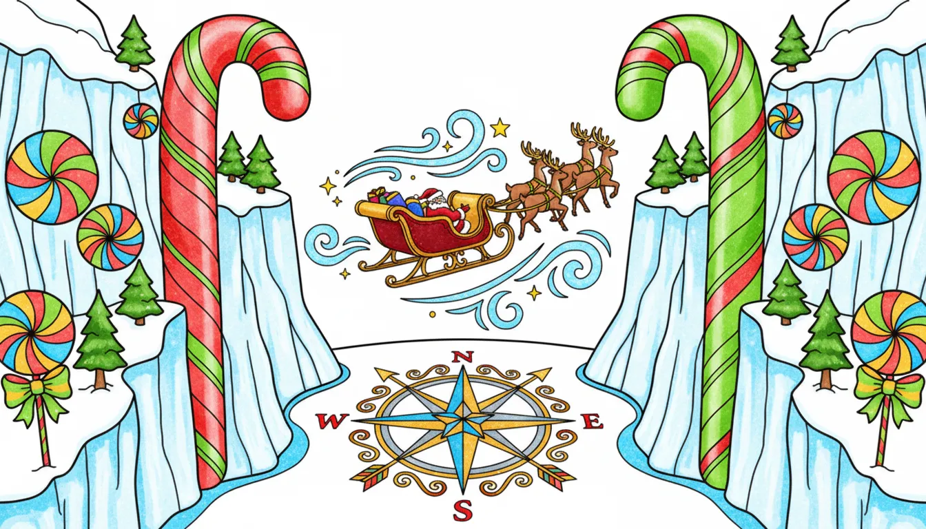 Christmas mountain pass with sleigh and candy-cane cliffs coloring page to print