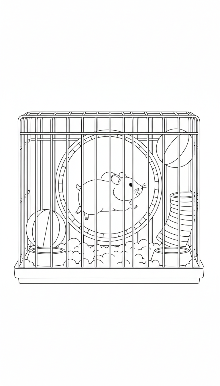 Cute hamster on wheel in cage coloring page to print