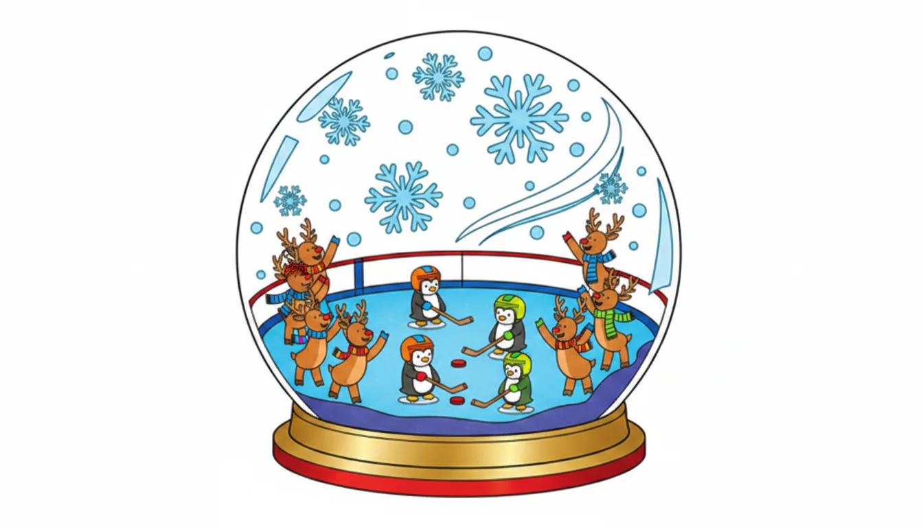 Hockey rink in a giant snow globe with penguins and reindeer coloring page to print