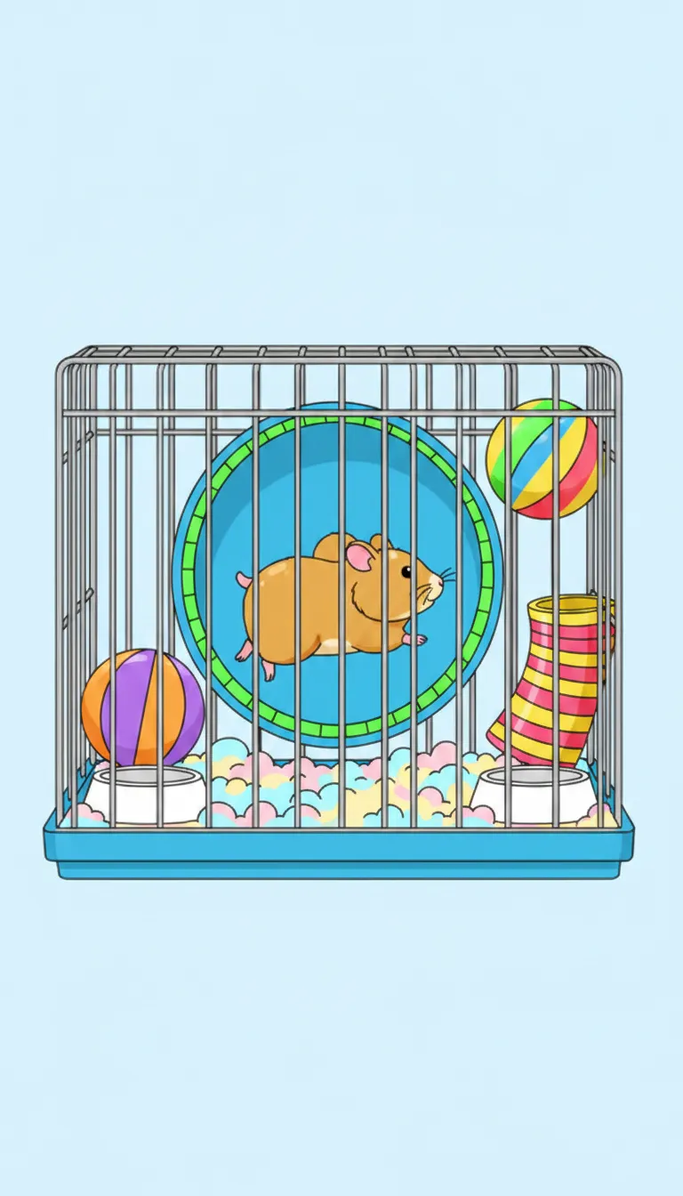 Cute hamster on wheel in cage coloring page to print