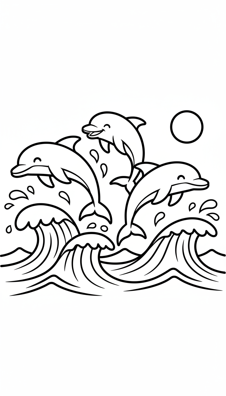 dolphins jumping over ocean waves coloring page to print