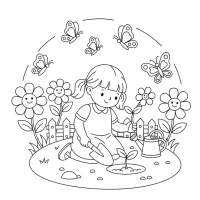 little girl planting flowers in garden with butterflies