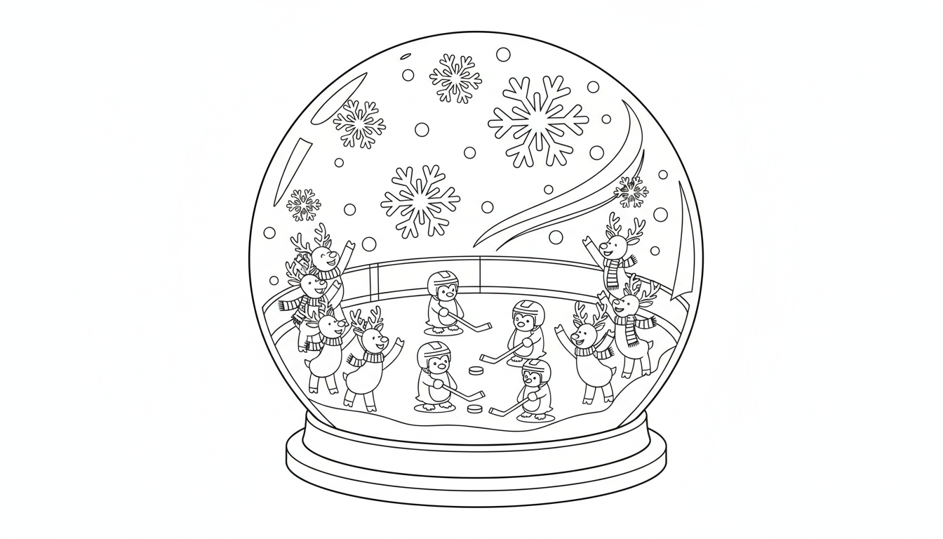 Hockey rink in a giant snow globe with penguins and reindeer coloring page to print