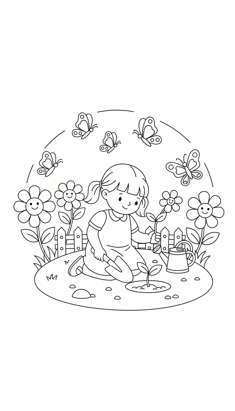 little girl planting flowers in garden with butterflies coloring page to print