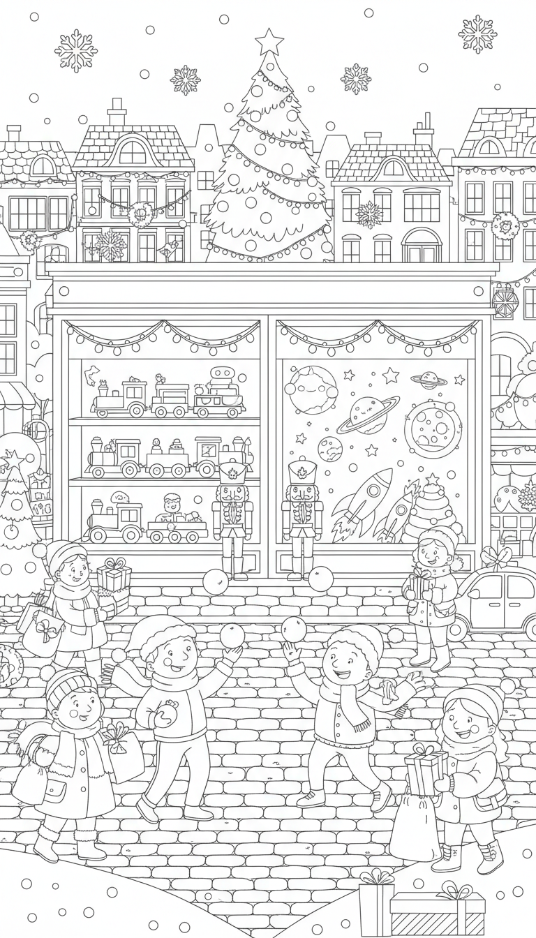 Christmas city street with toys and street performers coloring page to print