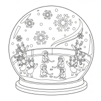 Hockey rink in a giant snow globe with penguins and reindeer