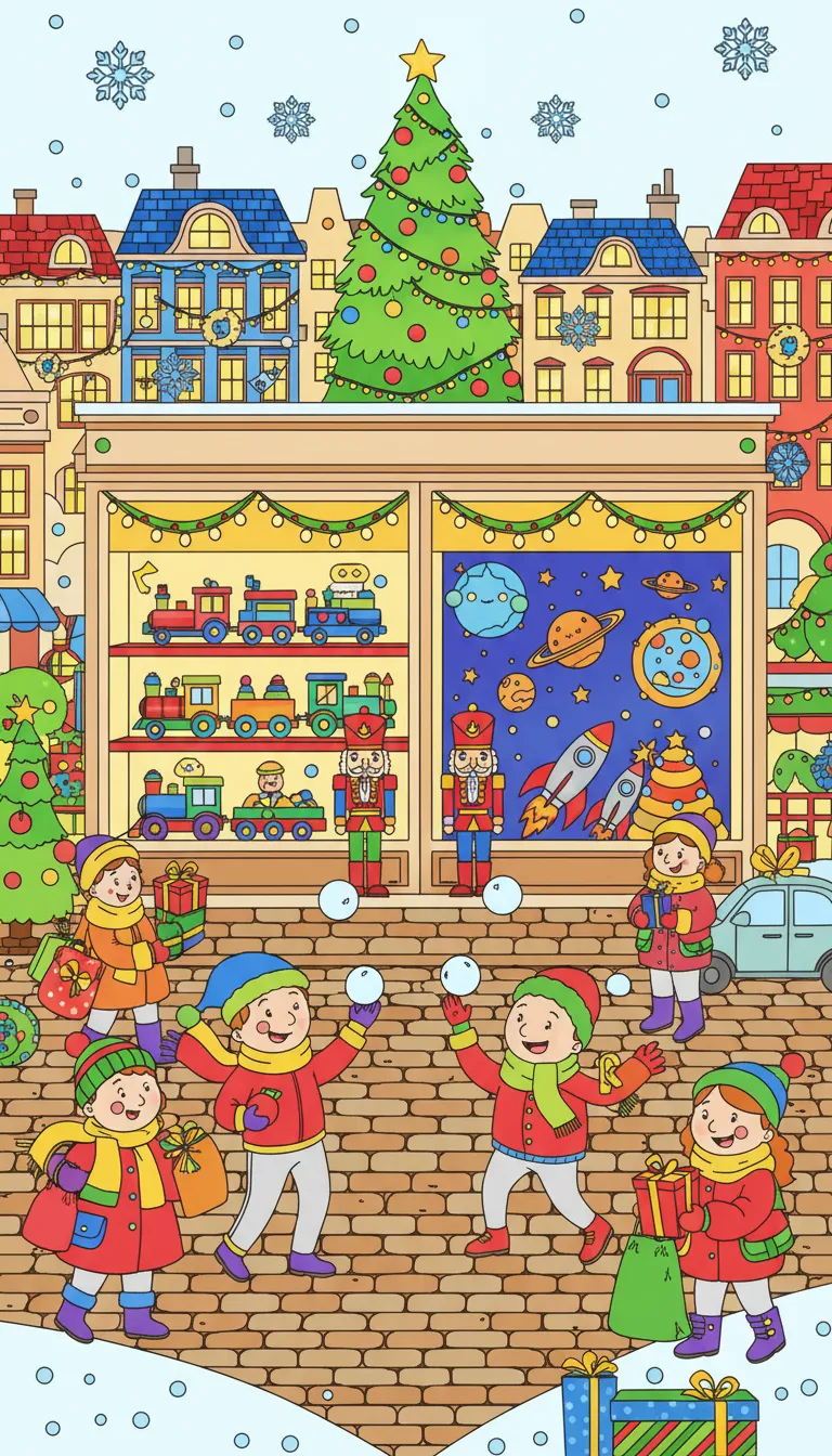 Christmas city street with toys and street performers coloring page to print