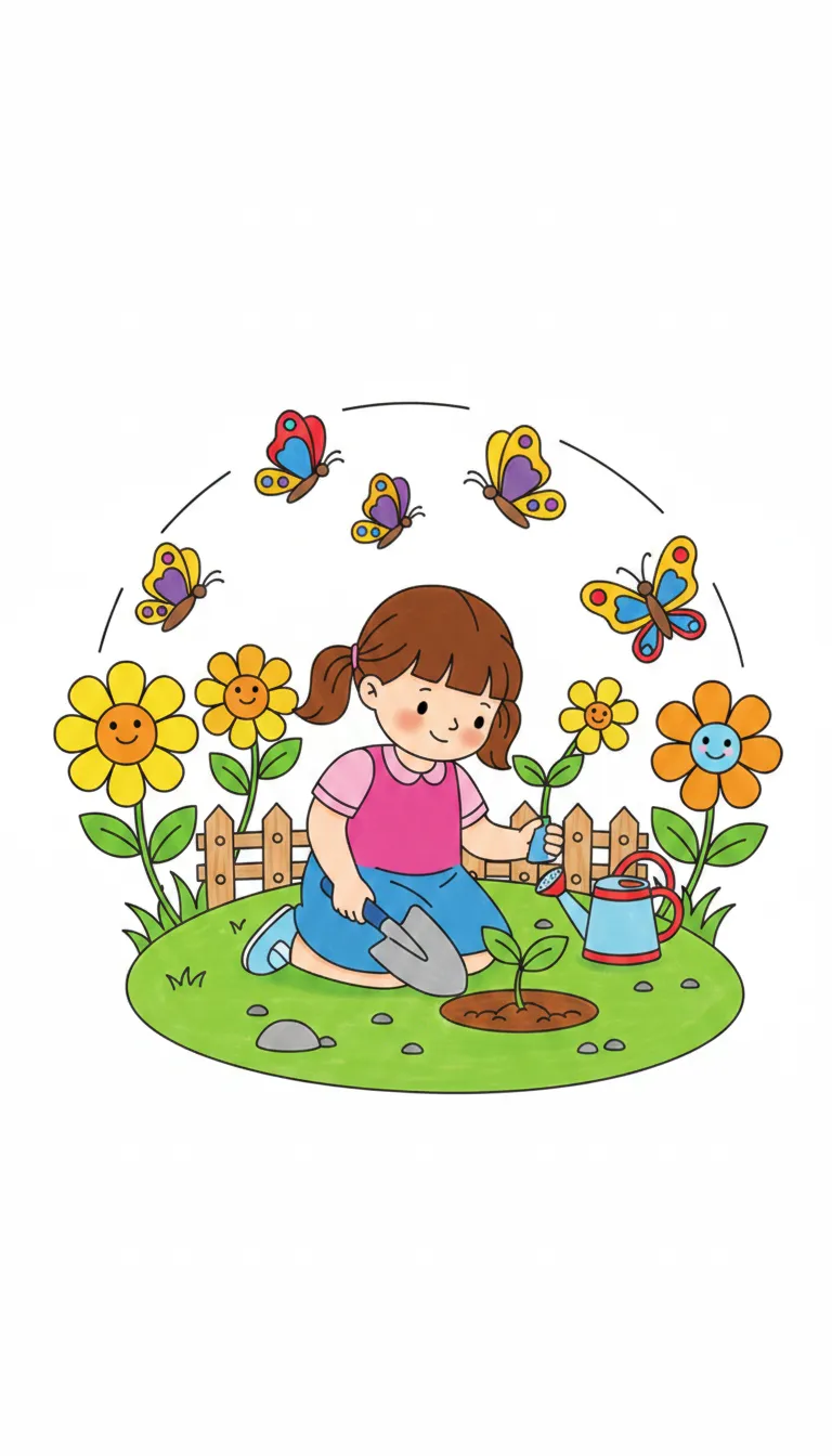 little girl planting flowers in garden with butterflies coloring page to print