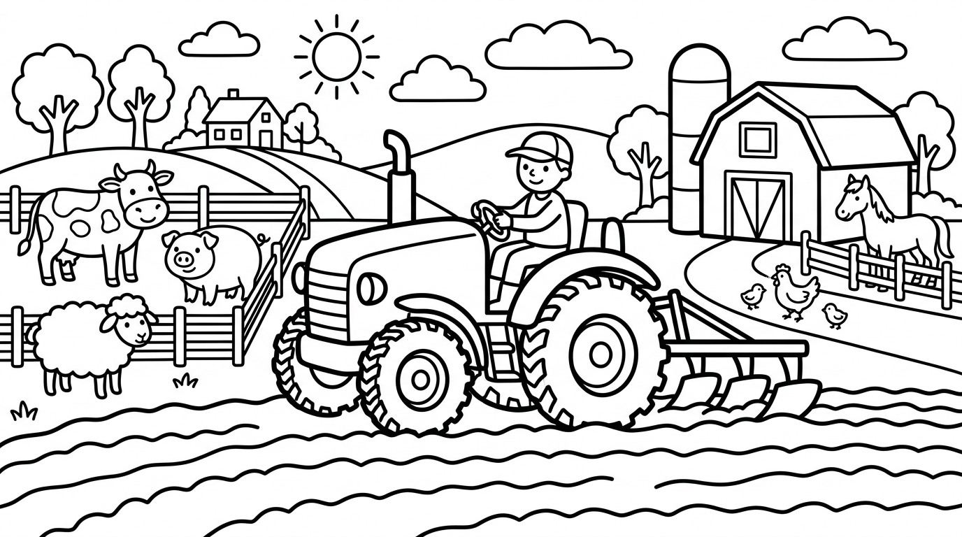 A lively farm scene with a tractor plowing a field and animals nearby. coloring page to print