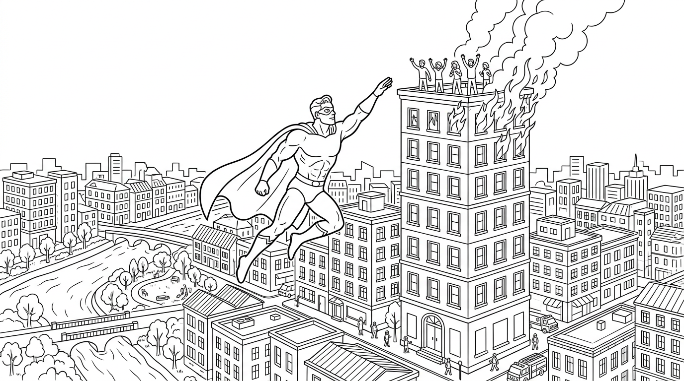 superhero rescuing people from tall building coloring page to print
