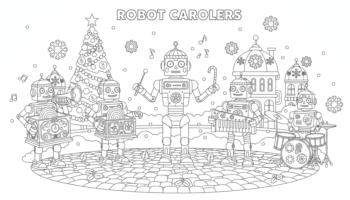 Festive robot orchestra in holiday plaza coloring page to print