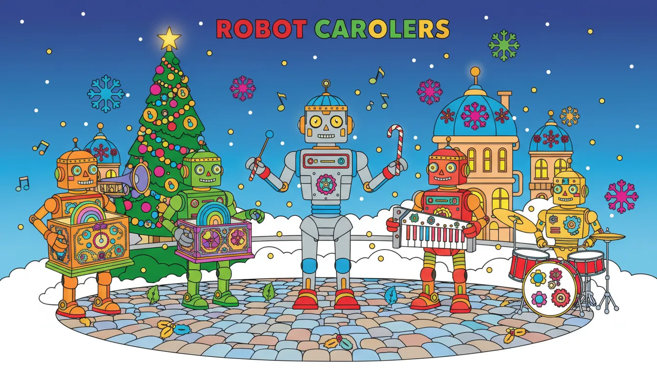 Festive robot orchestra in holiday plaza coloring page to print