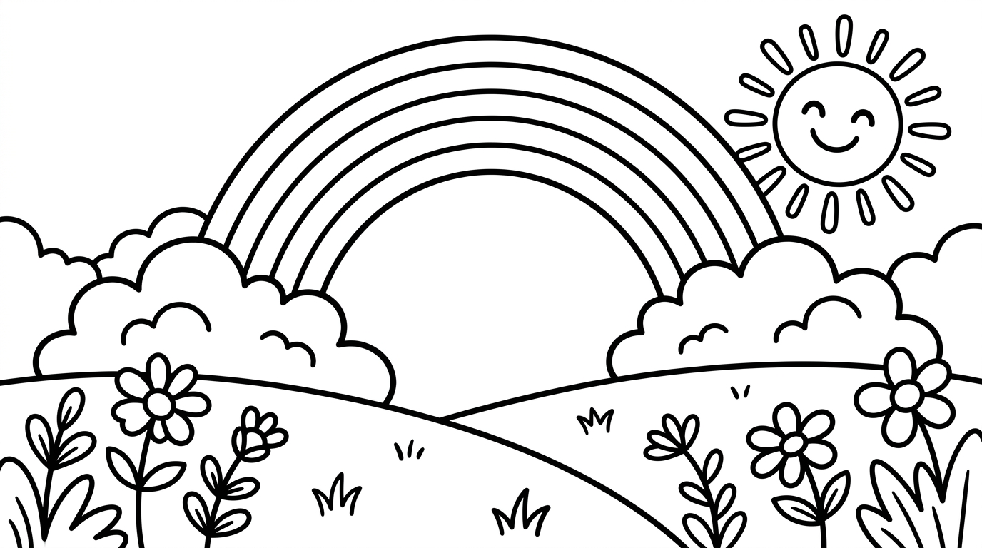 Cheerful rainbow over a sunny field coloring page to print