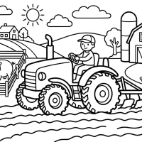 A lively farm scene with a tractor plowing a field and animals nearby.