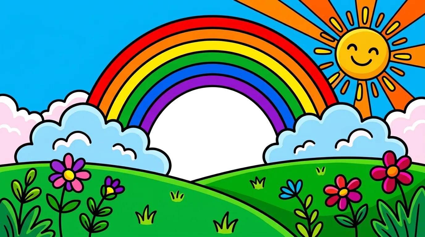 Cheerful rainbow over a sunny field coloring page to print