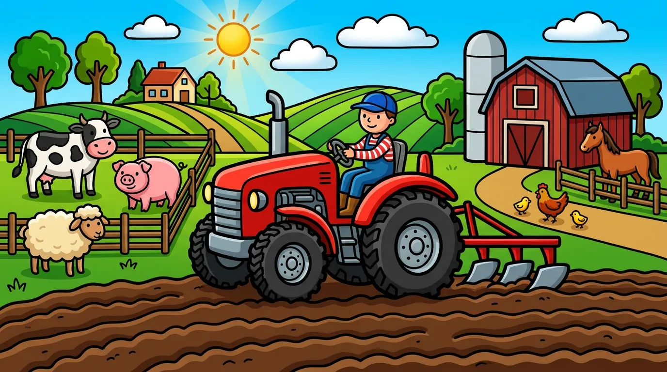 A lively farm scene with a tractor plowing a field and animals nearby. coloring page to print