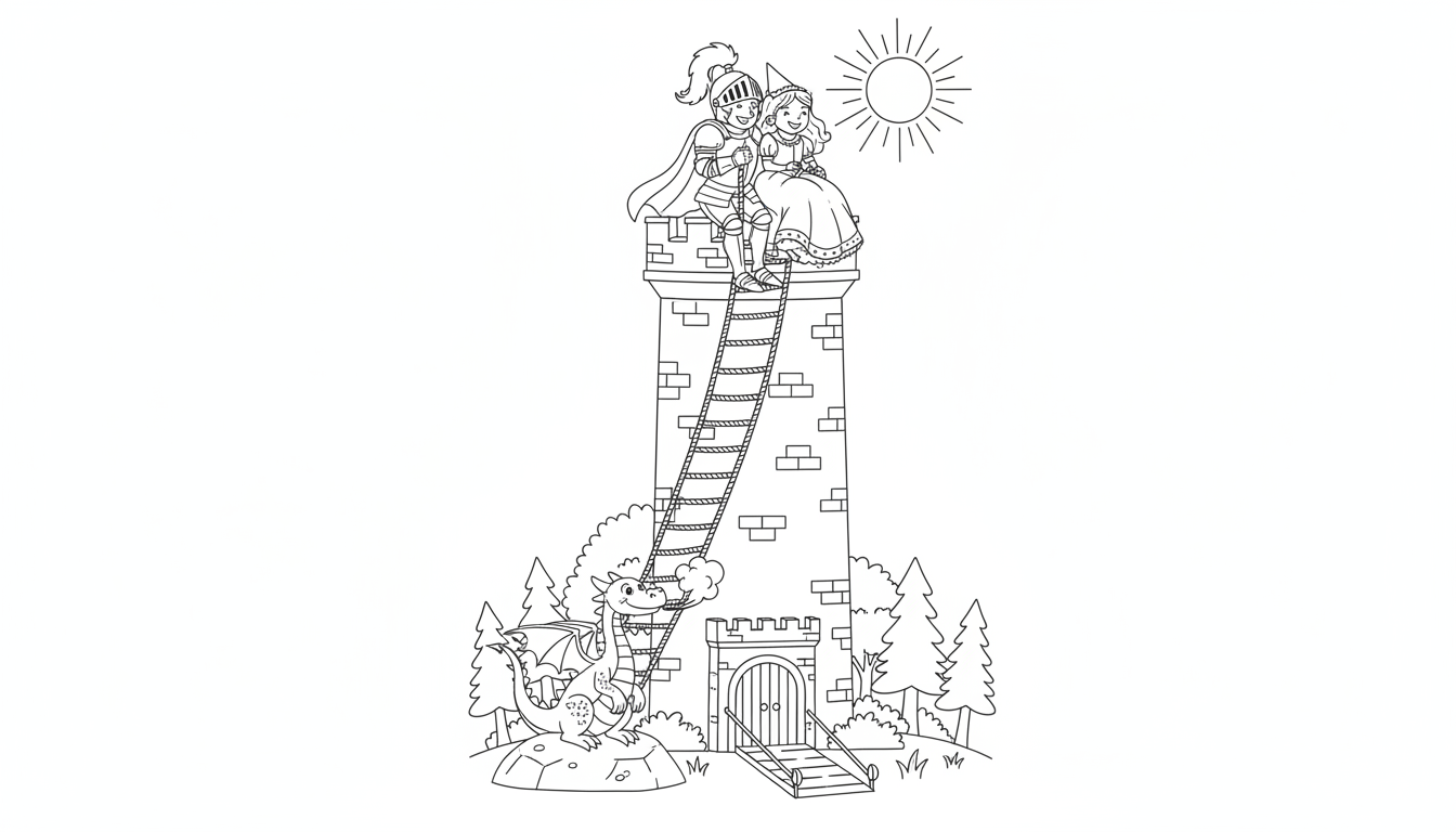 A knight rescuing a princess from a tall tower. coloring page to print