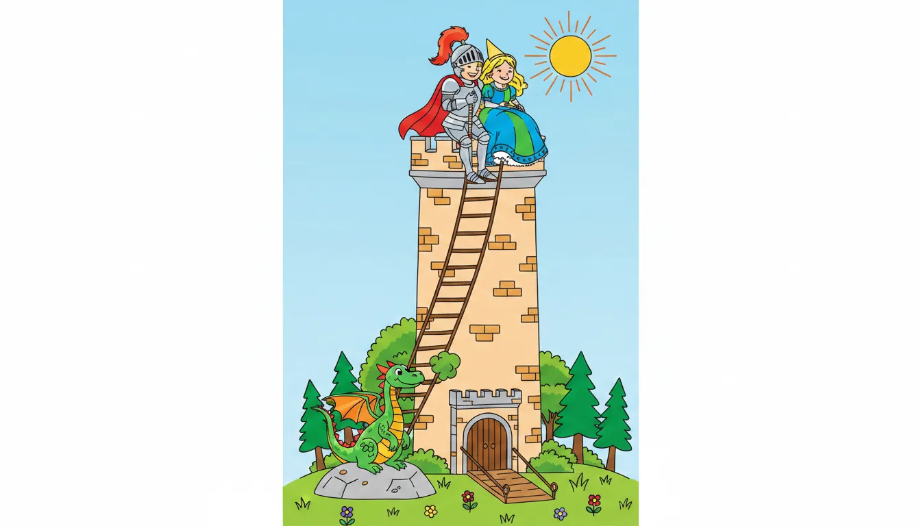 A knight rescuing a princess from a tall tower. coloring page to print