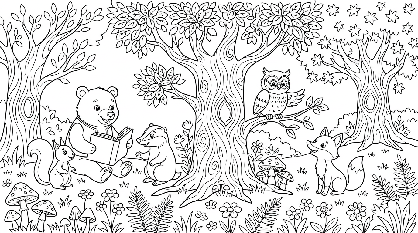 Whimsical forest with talking animals and enchanted trees coloring page to print