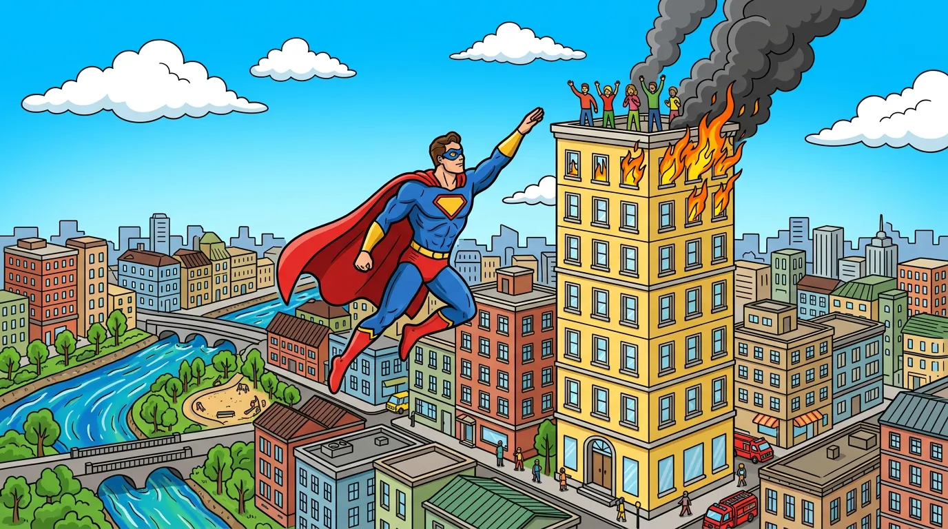superhero rescuing people from tall building coloring page to print