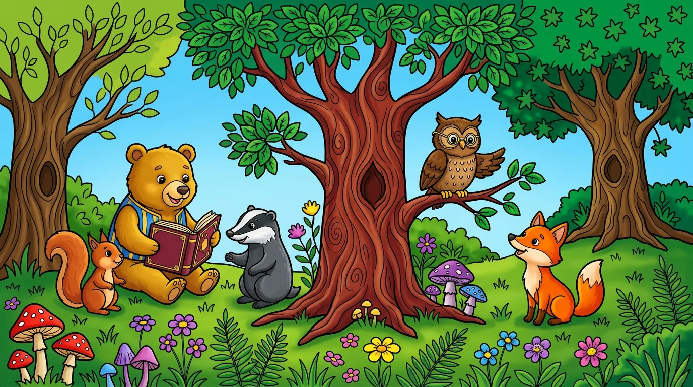 Whimsical forest with talking animals and enchanted trees coloring page to print
