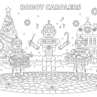 Festive robot orchestra in holiday plaza
