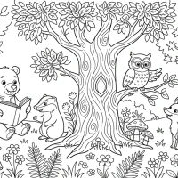 Whimsical forest with talking animals and enchanted trees