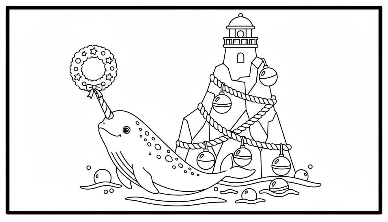 Calm polar scene with narwhal lighthouse and ornaments coloring page to print