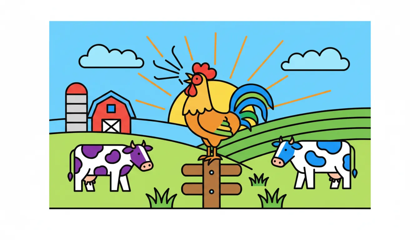 Farm scene with rooster and cows at sunrise coloring page to print