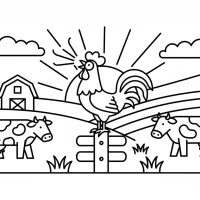 Farm scene with rooster and cows at sunrise