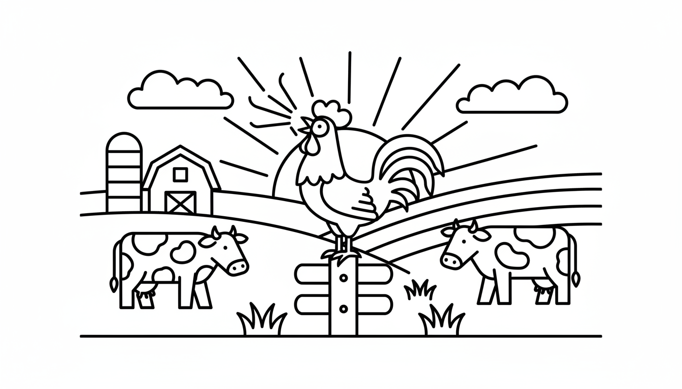 Farm scene with rooster and cows at sunrise coloring page to print