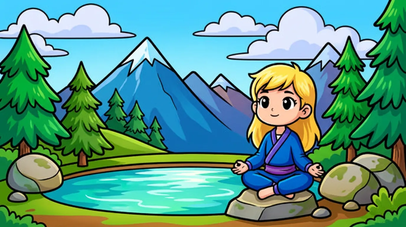 quiet meditation scene by mountain lake coloring page to print