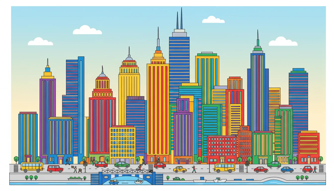 busy city skyline with skyscrapers and streets coloring page to print
