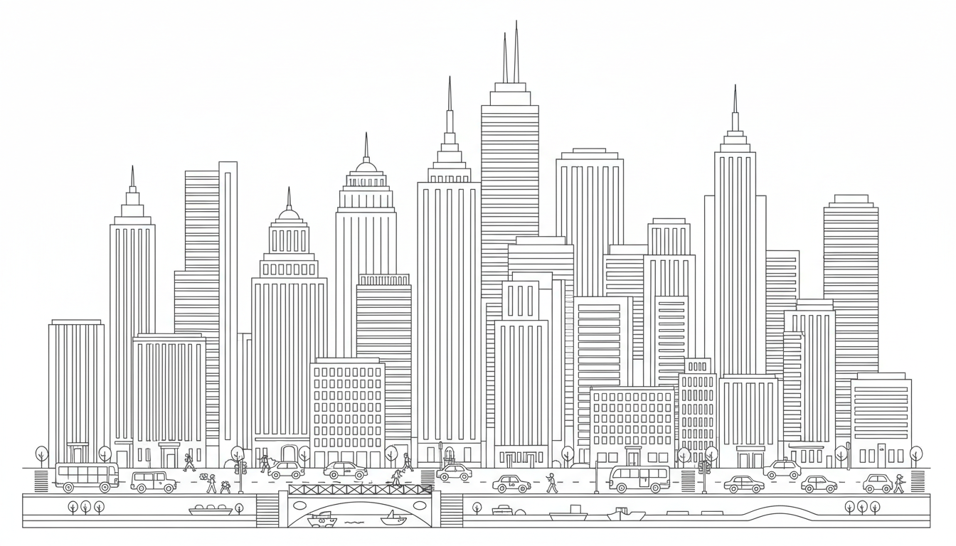 busy city skyline with skyscrapers and streets coloring page to print